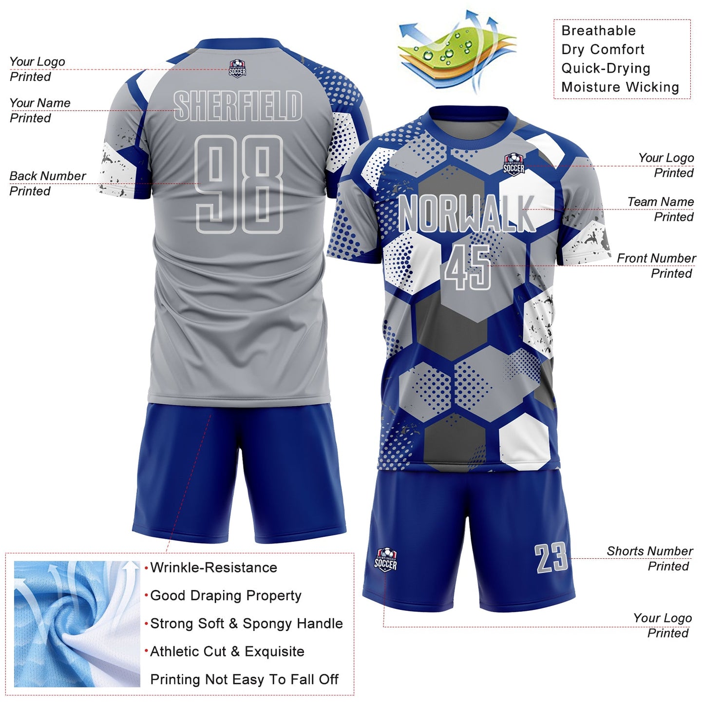Custom Royal Gray-White Geometric Shape Sublimation Soccer Uniform Jersey view 4