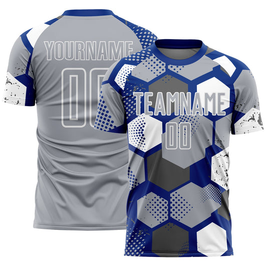 Custom Royal Gray-White Geometric Shape Sublimation Soccer Uniform Jersey - Main View