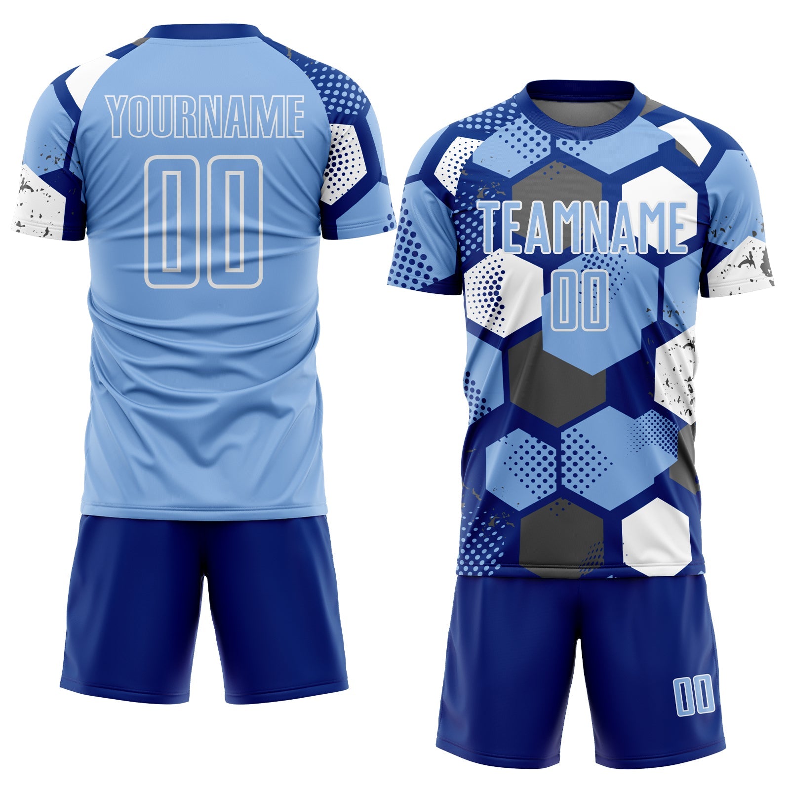 Custom Royal Light Blue-White Geometric Shape Sublimation Soccer Uniform Jersey view 2