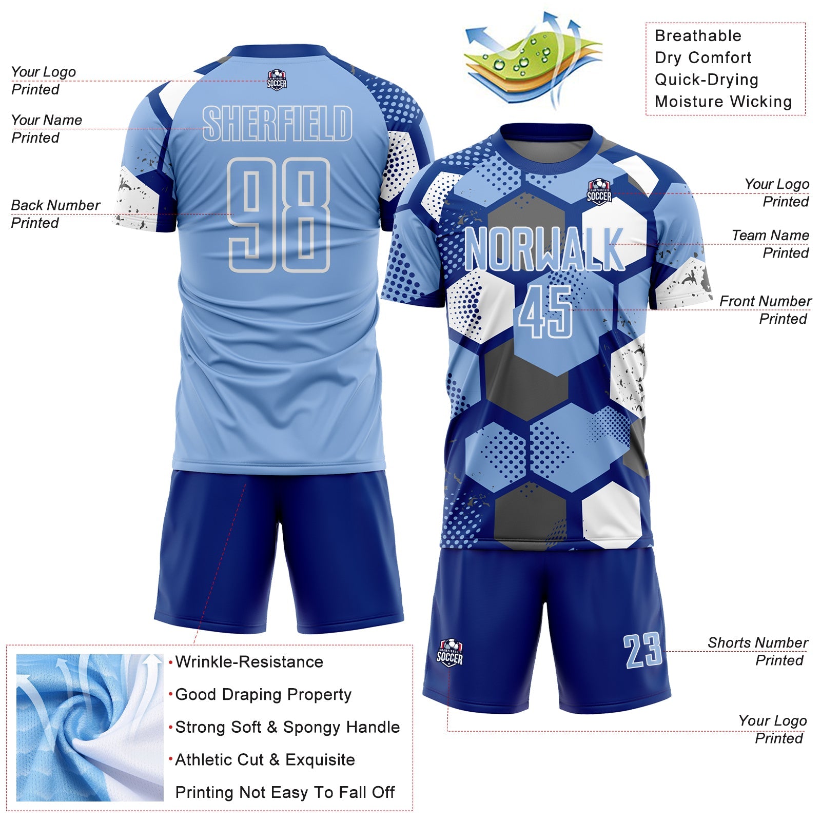 Custom Royal Light Blue-White Geometric Shape Sublimation Soccer Uniform Jersey view 4