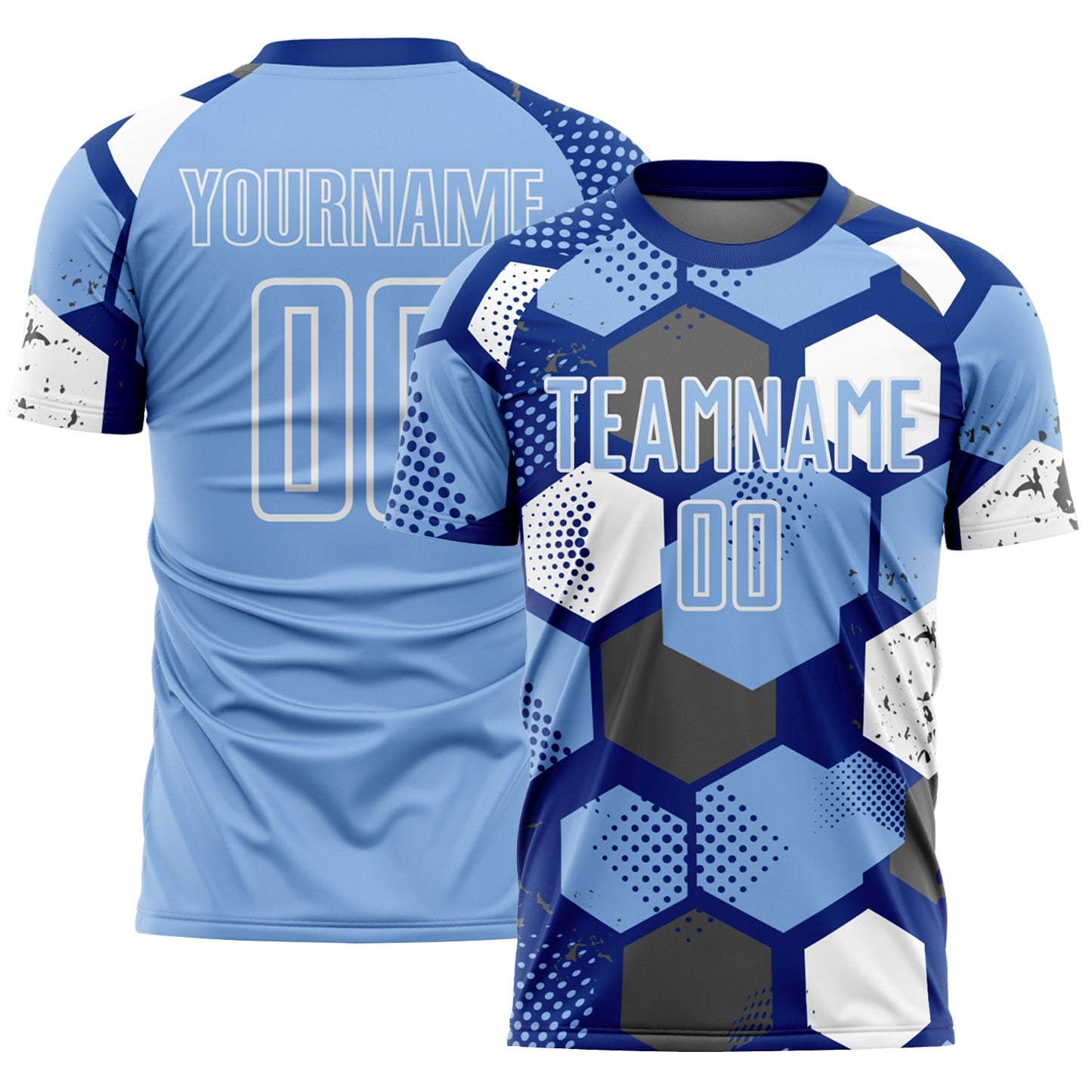 Custom Royal Light Blue-White Geometric Shape Sublimation Soccer Uniform Jersey - Main View
