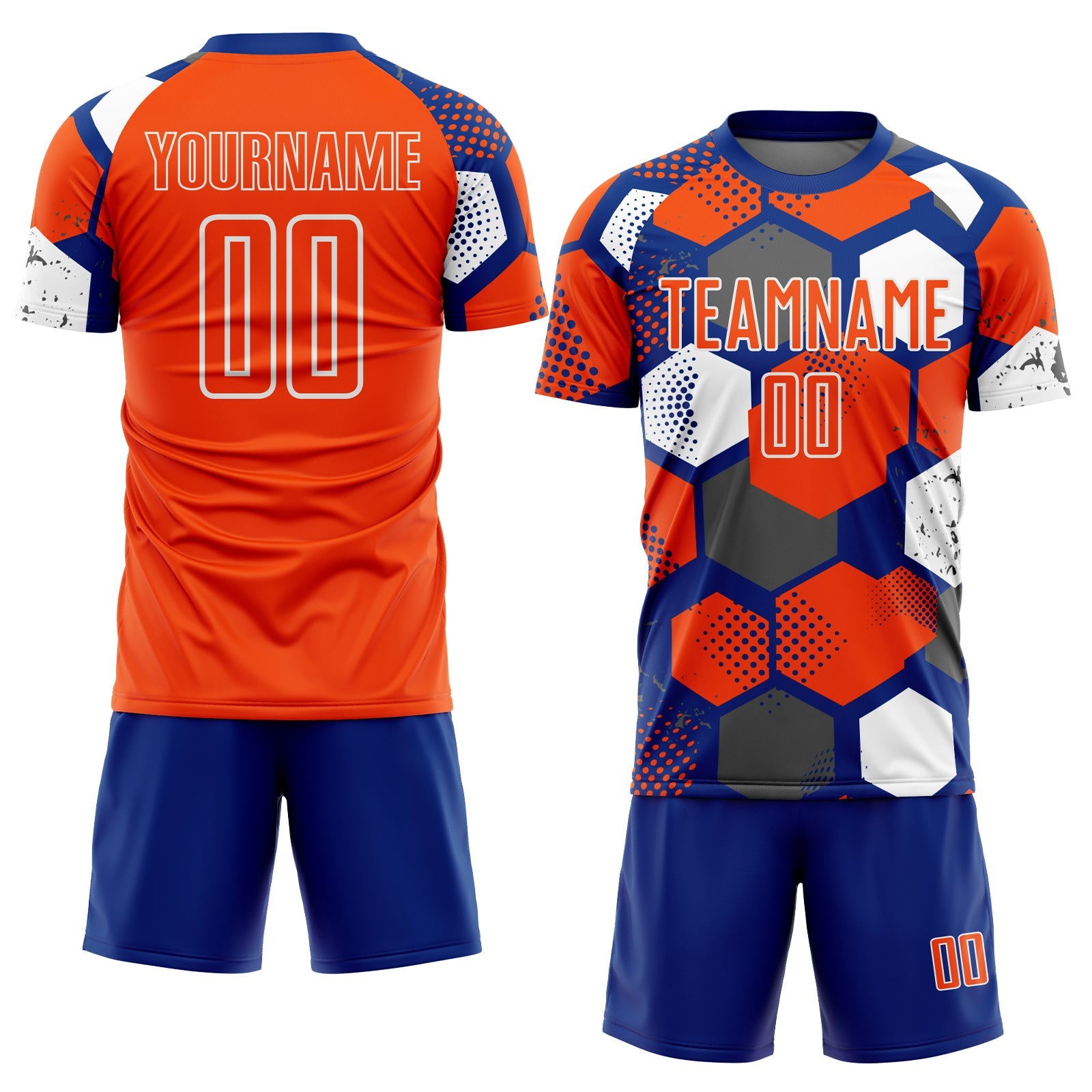 Custom Royal Orange-White Geometric Shape Sublimation Soccer Uniform Jersey view 2