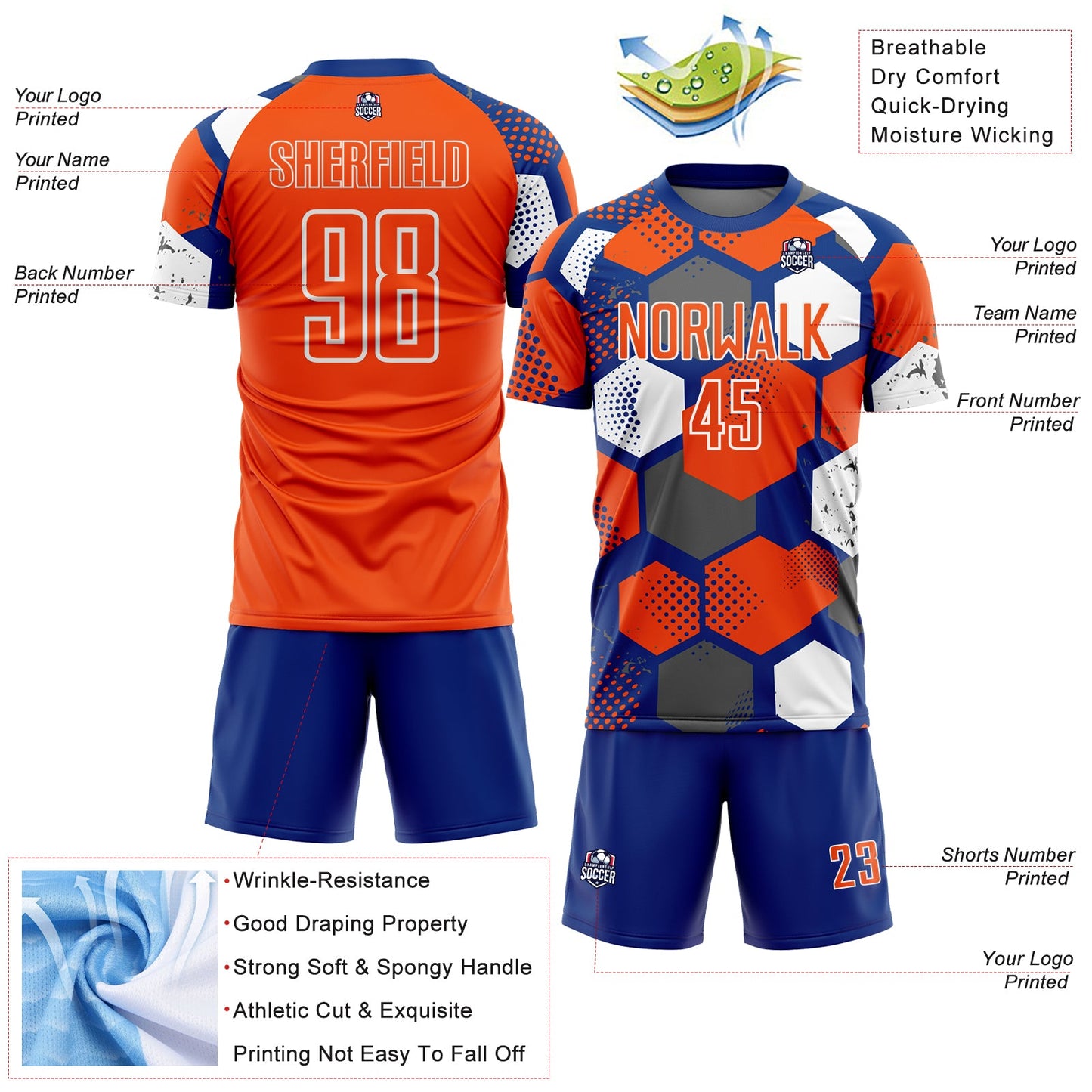 Custom Royal Orange-White Geometric Shape Sublimation Soccer Uniform Jersey view 4