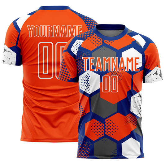 Custom Royal Orange-White Geometric Shape Sublimation Soccer Uniform Jersey - Main View