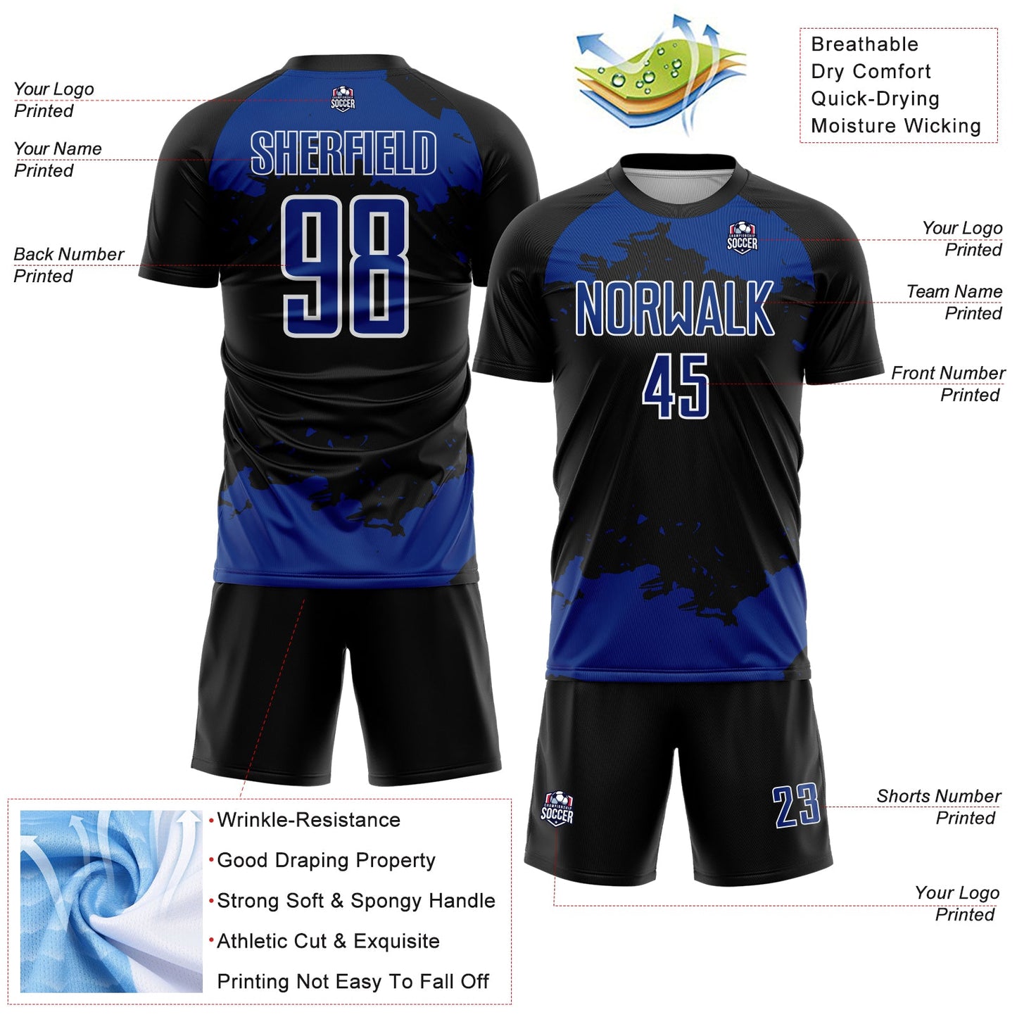 Custom Black Royal-White Abstract Fragment Art Sublimation Soccer Uniform Jersey view 4