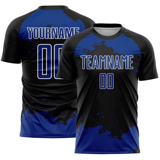 Custom Black Royal-White Abstract Fragment Art Sublimation Soccer Uniform Jersey - Main View