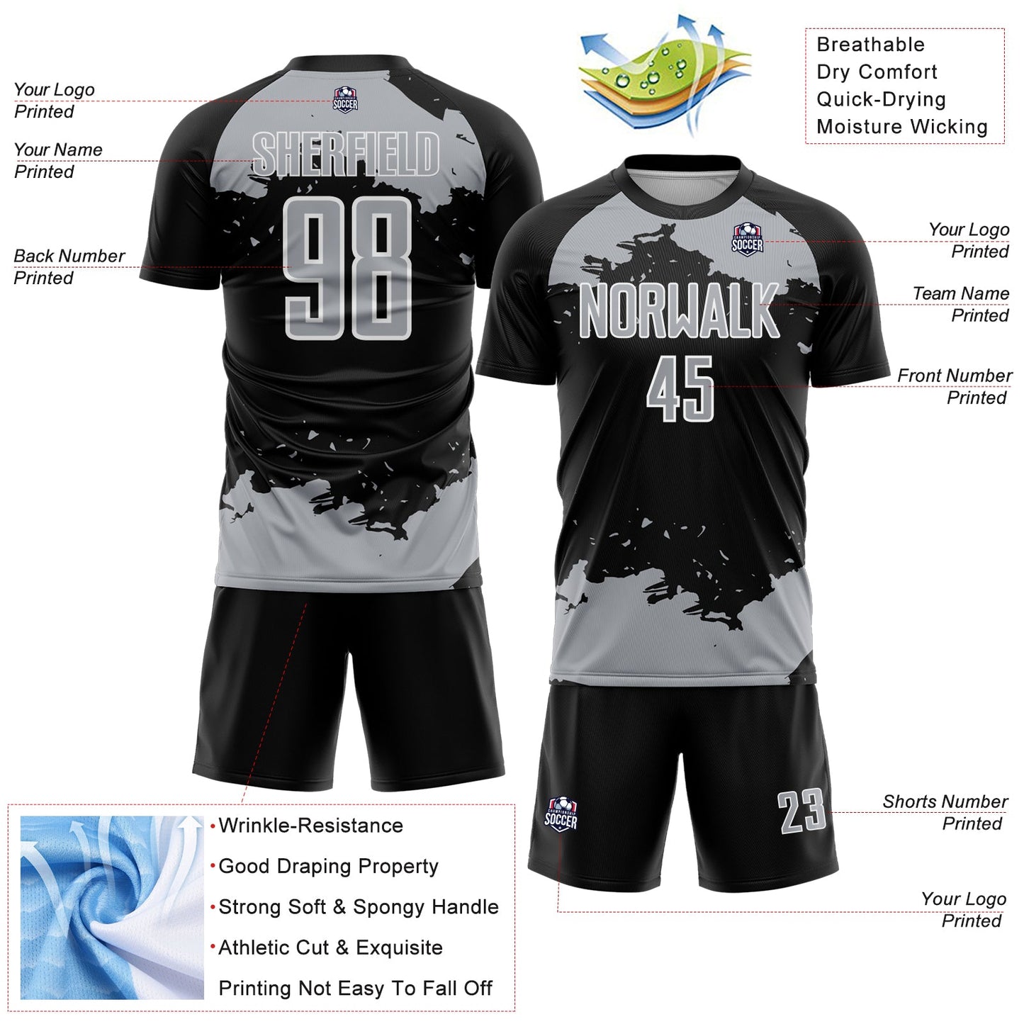 Custom Black Gray-White Abstract Fragment Art Sublimation Soccer Uniform Jersey view 4