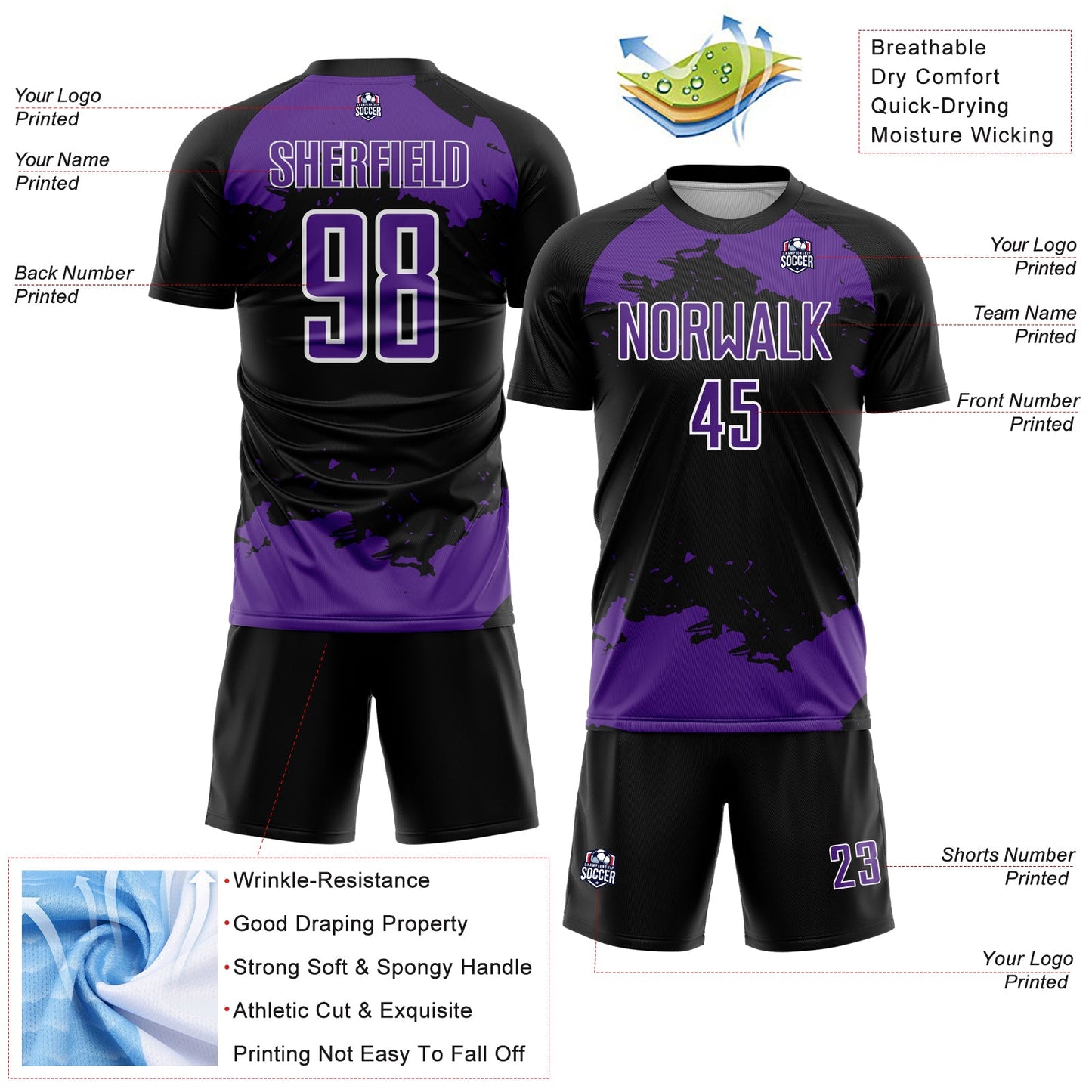 Custom Black Purple-White Abstract Fragment Art Sublimation Soccer Uniform Jersey view 4