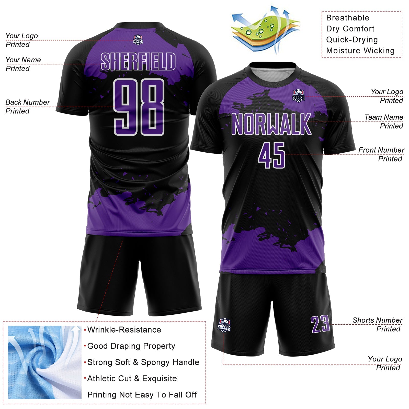 Custom Black Purple-White Abstract Fragment Art Sublimation Soccer Uniform Jersey view 4