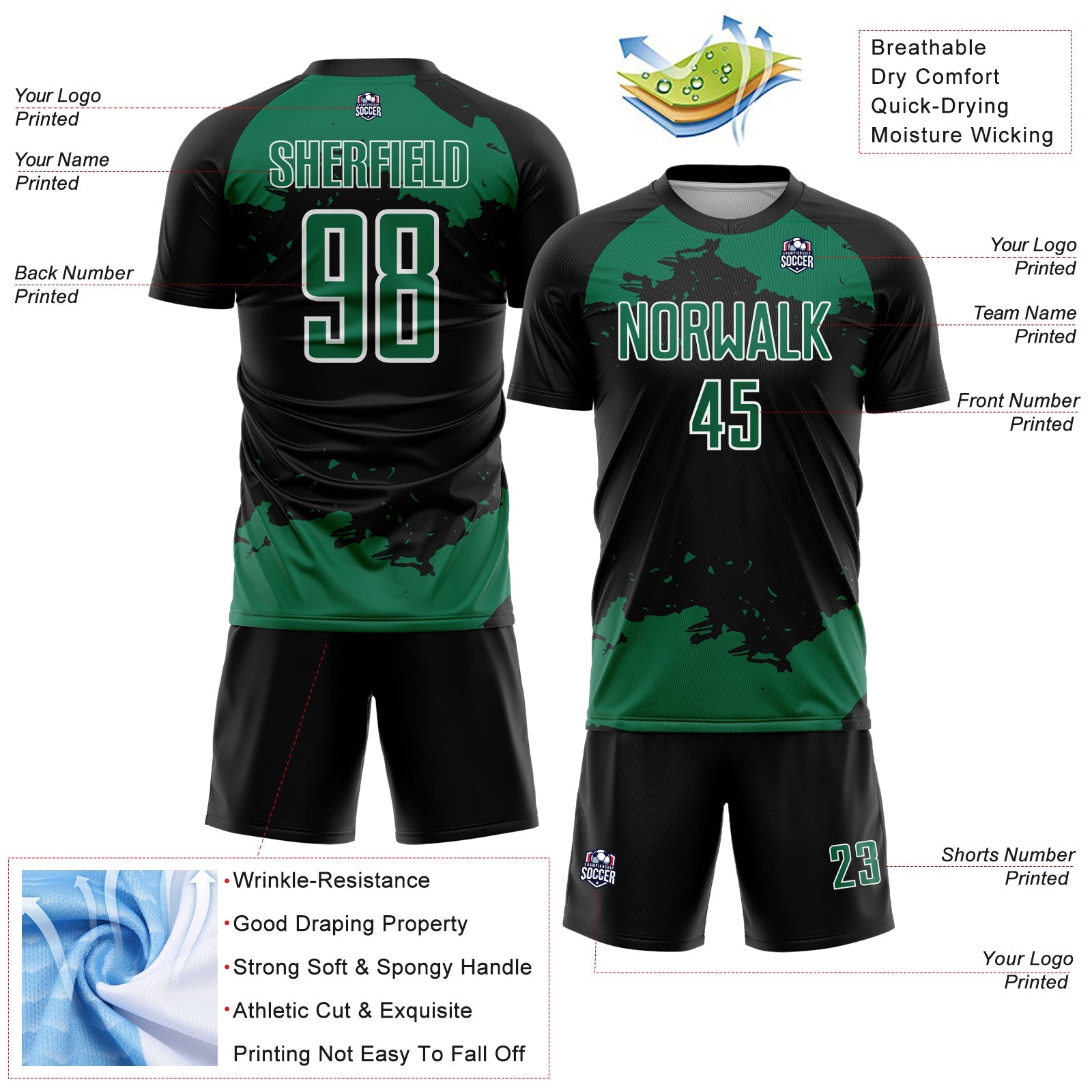 Custom Black Kelly Green-White Abstract Fragment Art Sublimation Soccer Uniform Jersey view 4