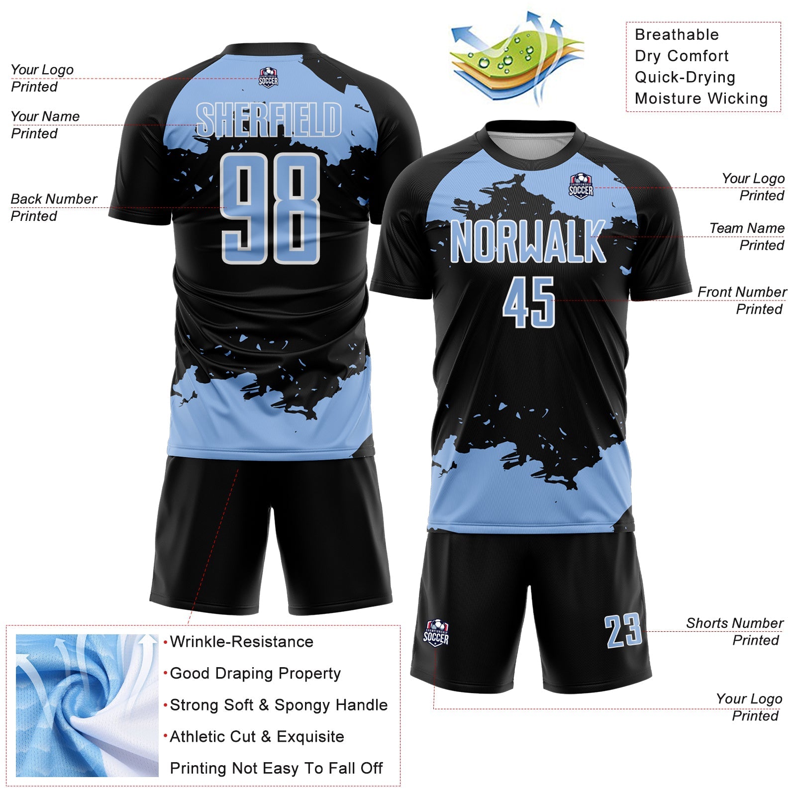 Custom Black Light Blue-White Abstract Fragment Art Sublimation Soccer Uniform Jersey view 4