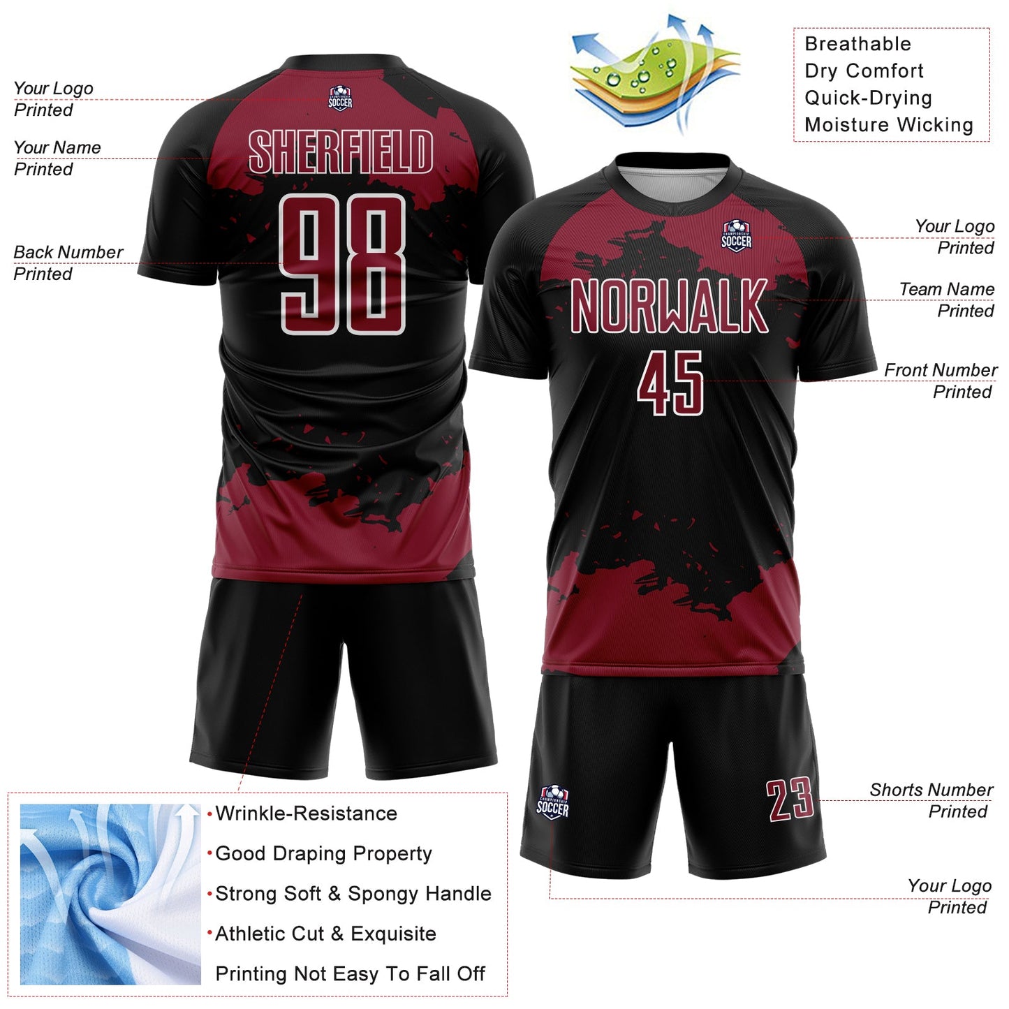 Custom Black Crimson-White Abstract Fragment Art Sublimation Soccer Uniform Jersey view 4