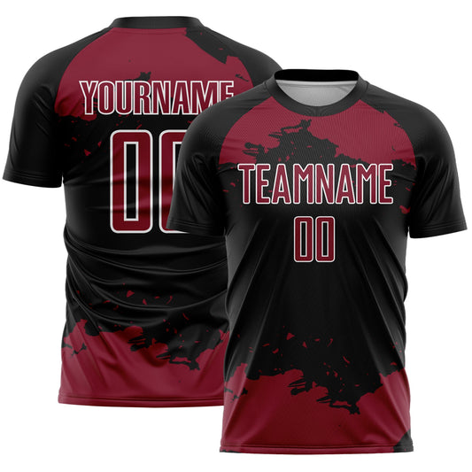 Custom Black Crimson-White Abstract Fragment Art Sublimation Soccer Uniform Jersey - Main View