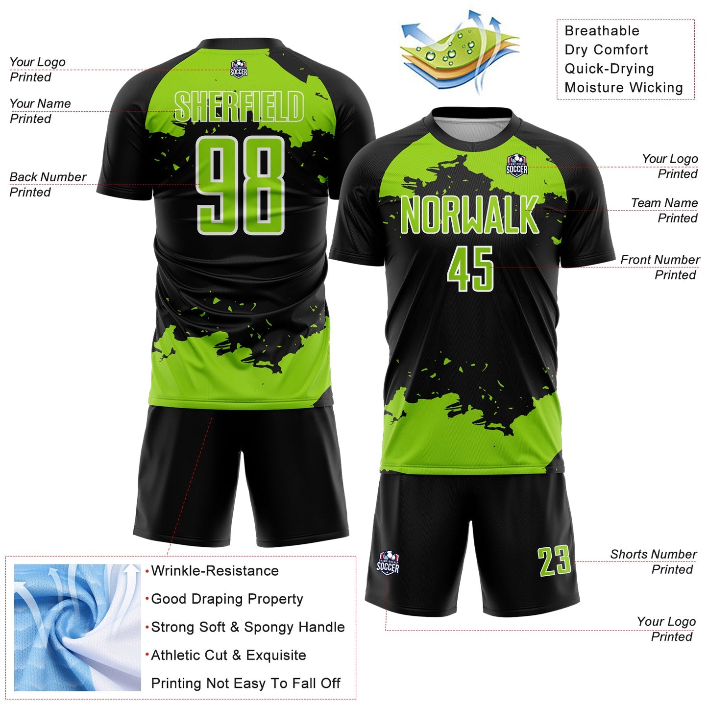 Custom Black Neon Green-White Abstract Fragment Art Sublimation Soccer Uniform Jersey view 4