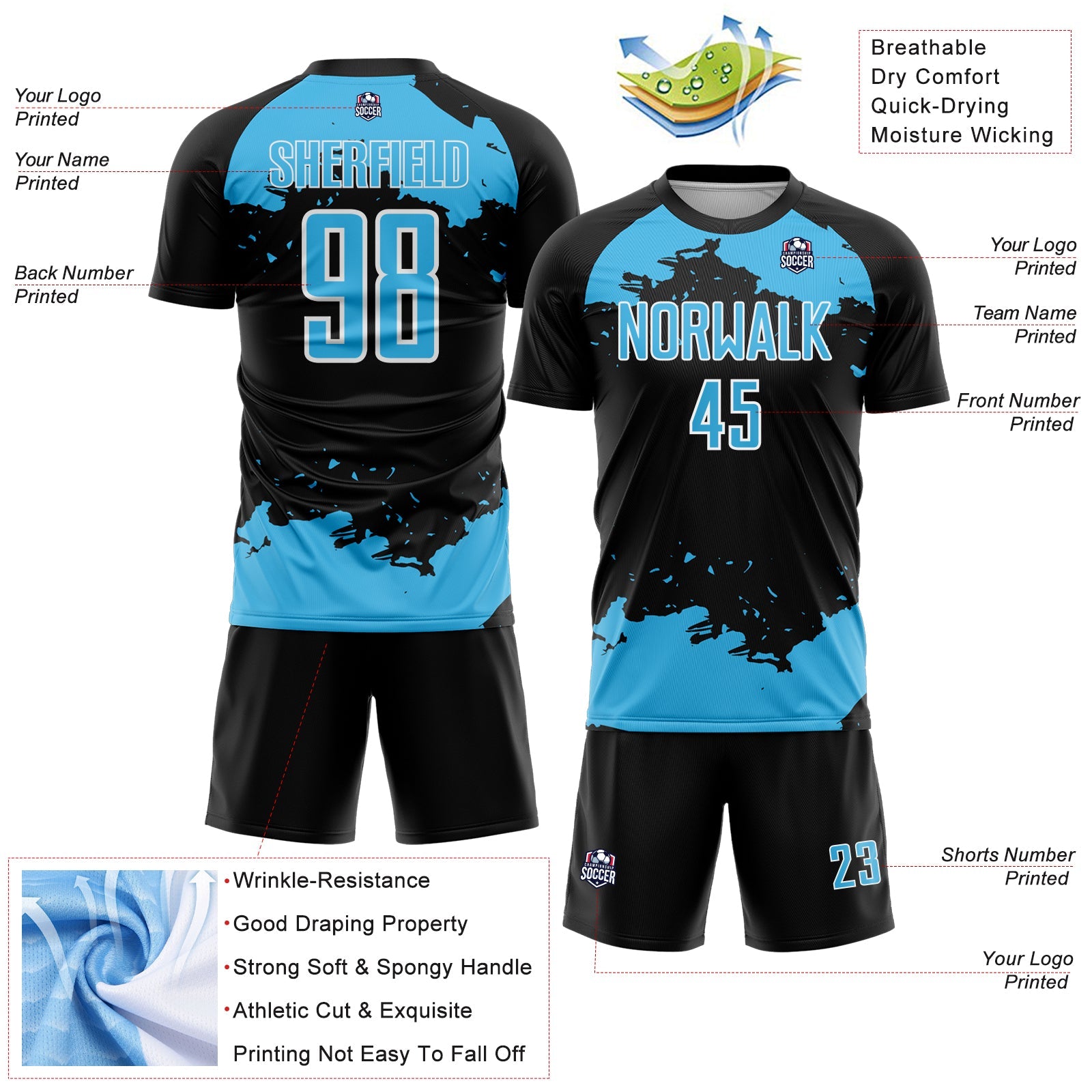 Custom Black Sky Blue-White Abstract Fragment Art Sublimation Soccer Uniform Jersey view 4