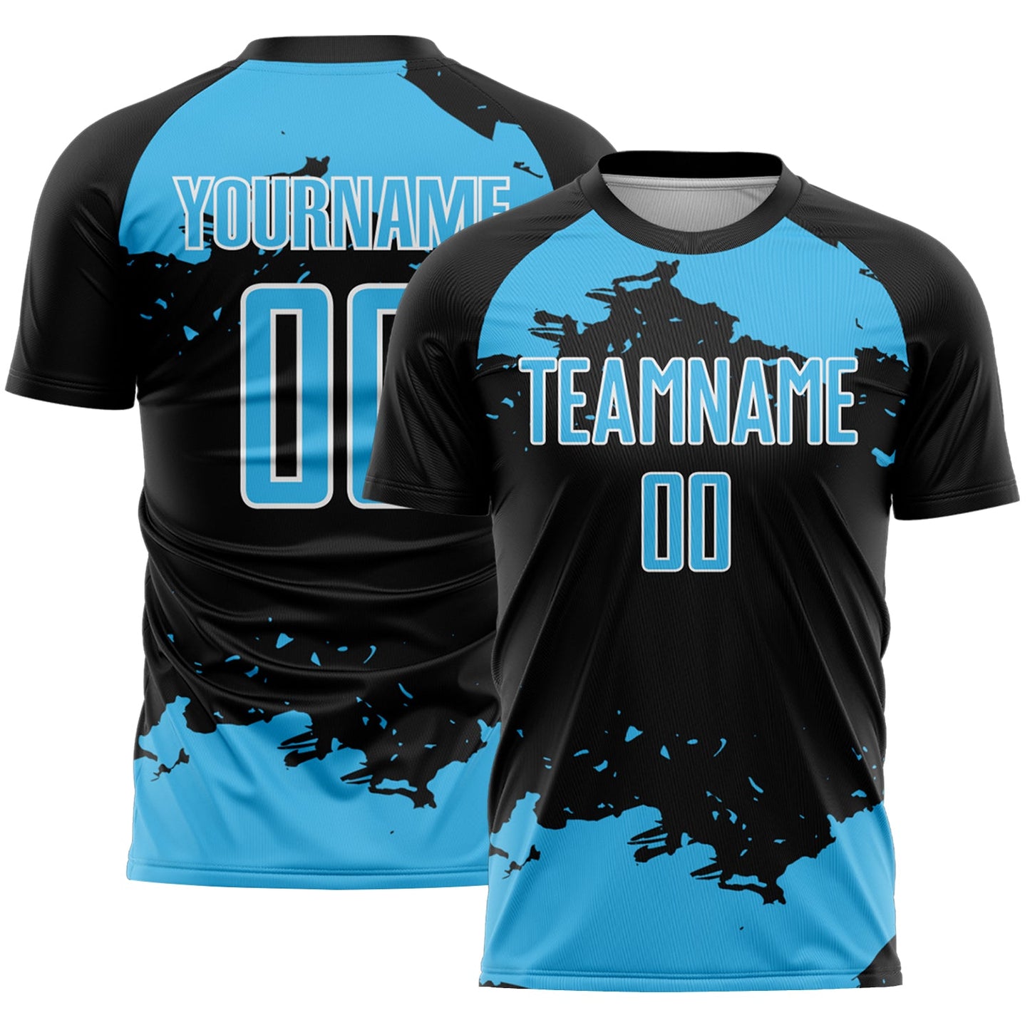 Custom Black Sky Blue-White Abstract Fragment Art Sublimation Soccer Uniform Jersey - Main View