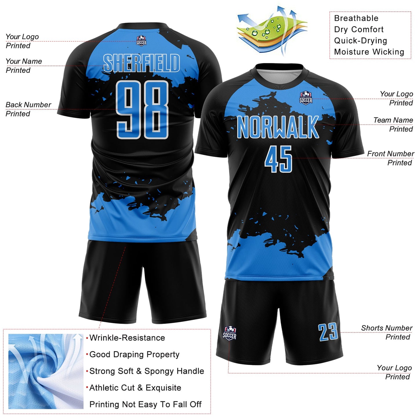 Custom Black Powder Blue-White Abstract Fragment Art Sublimation Soccer Uniform Jersey view 4