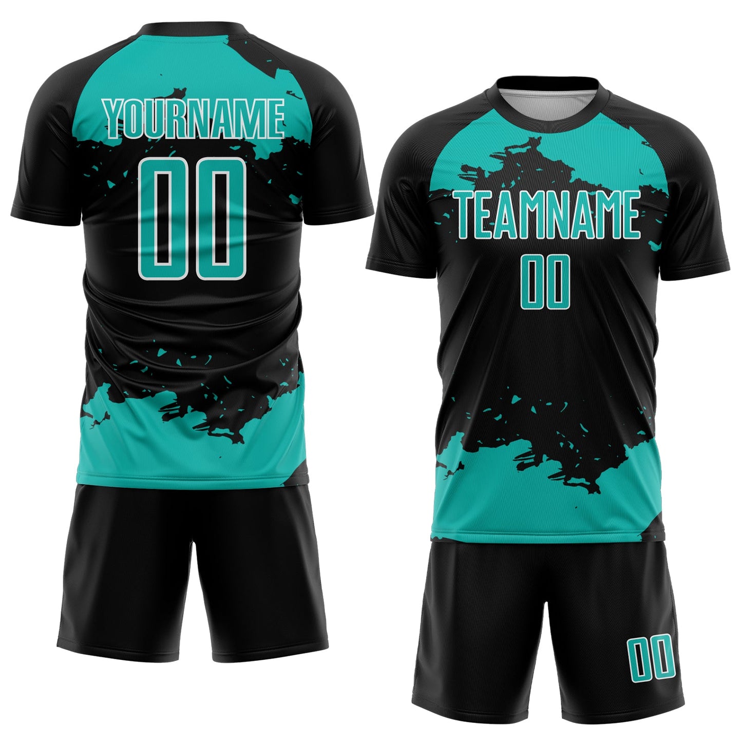Custom Black Aqua-White Abstract Fragment Art Sublimation Soccer Uniform Jersey view 2