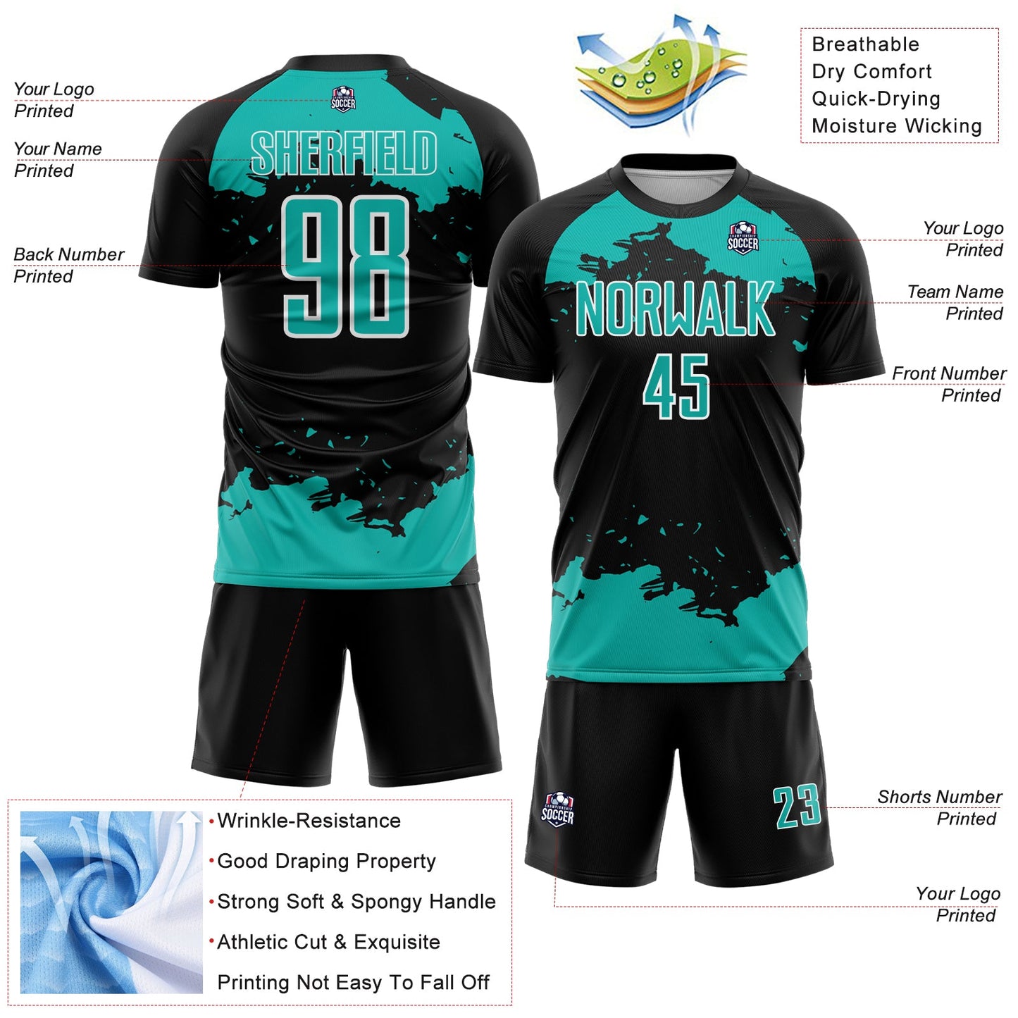 Custom Black Aqua-White Abstract Fragment Art Sublimation Soccer Uniform Jersey view 4