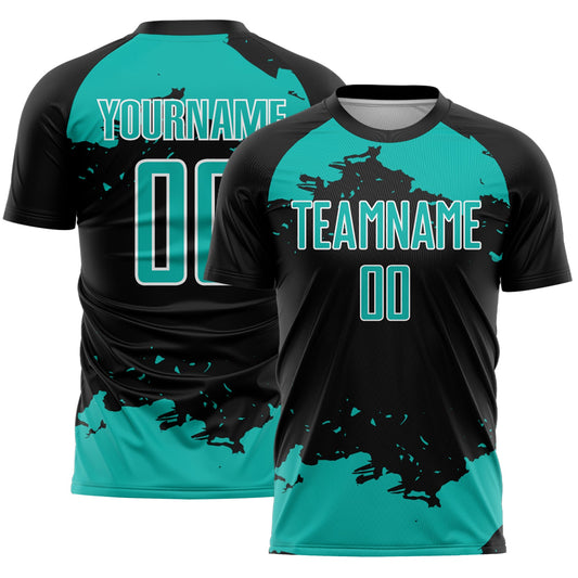 Custom Black Aqua-White Abstract Fragment Art Sublimation Soccer Uniform Jersey - Main View