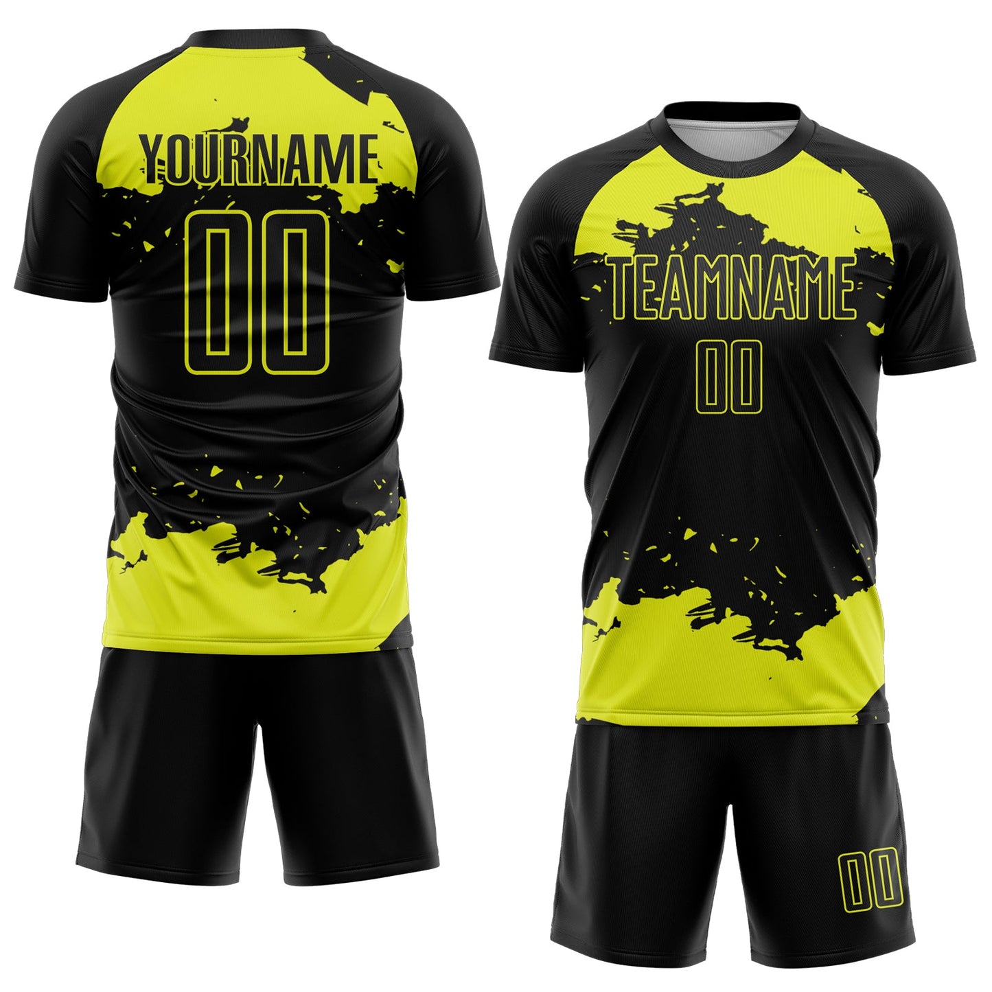 Custom Black Neon Yellow Abstract Fragment Art Sublimation Soccer Uniform Jersey view 2