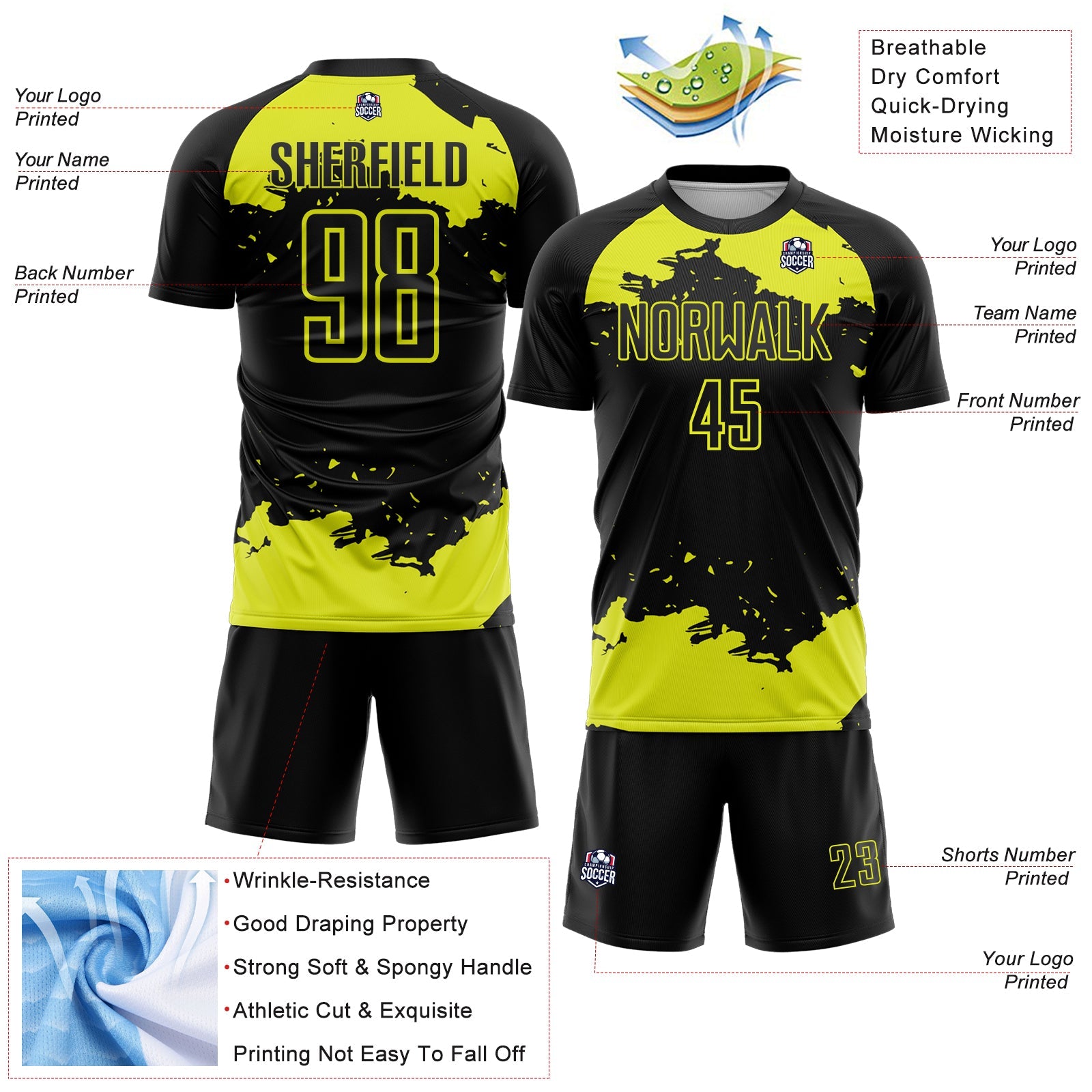 Custom Black Neon Yellow Abstract Fragment Art Sublimation Soccer Uniform Jersey view 4