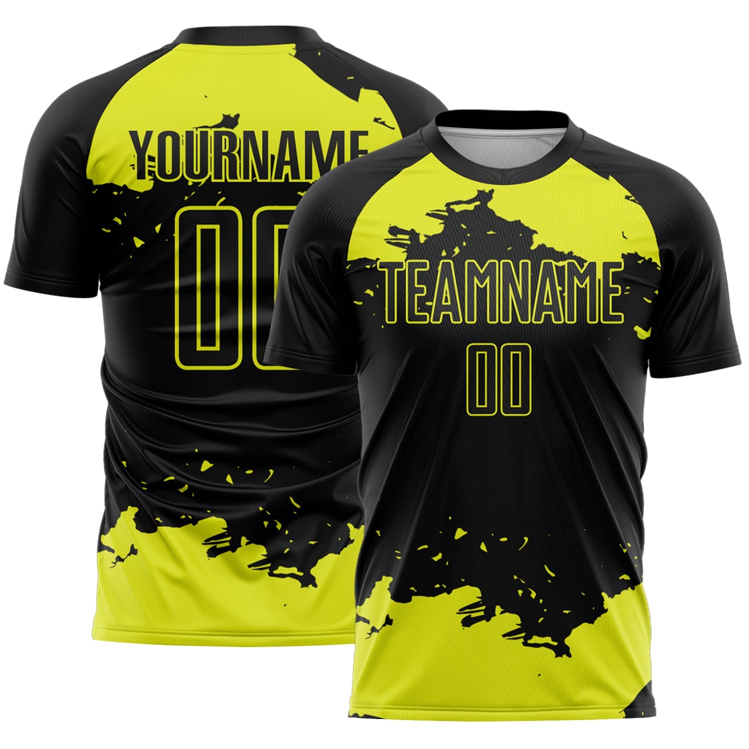 Custom Black Neon Yellow Abstract Fragment Art Sublimation Soccer Uniform Jersey - Main View