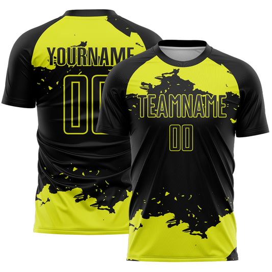 Custom Black Neon Yellow Abstract Fragment Art Sublimation Soccer Uniform Jersey - Main View