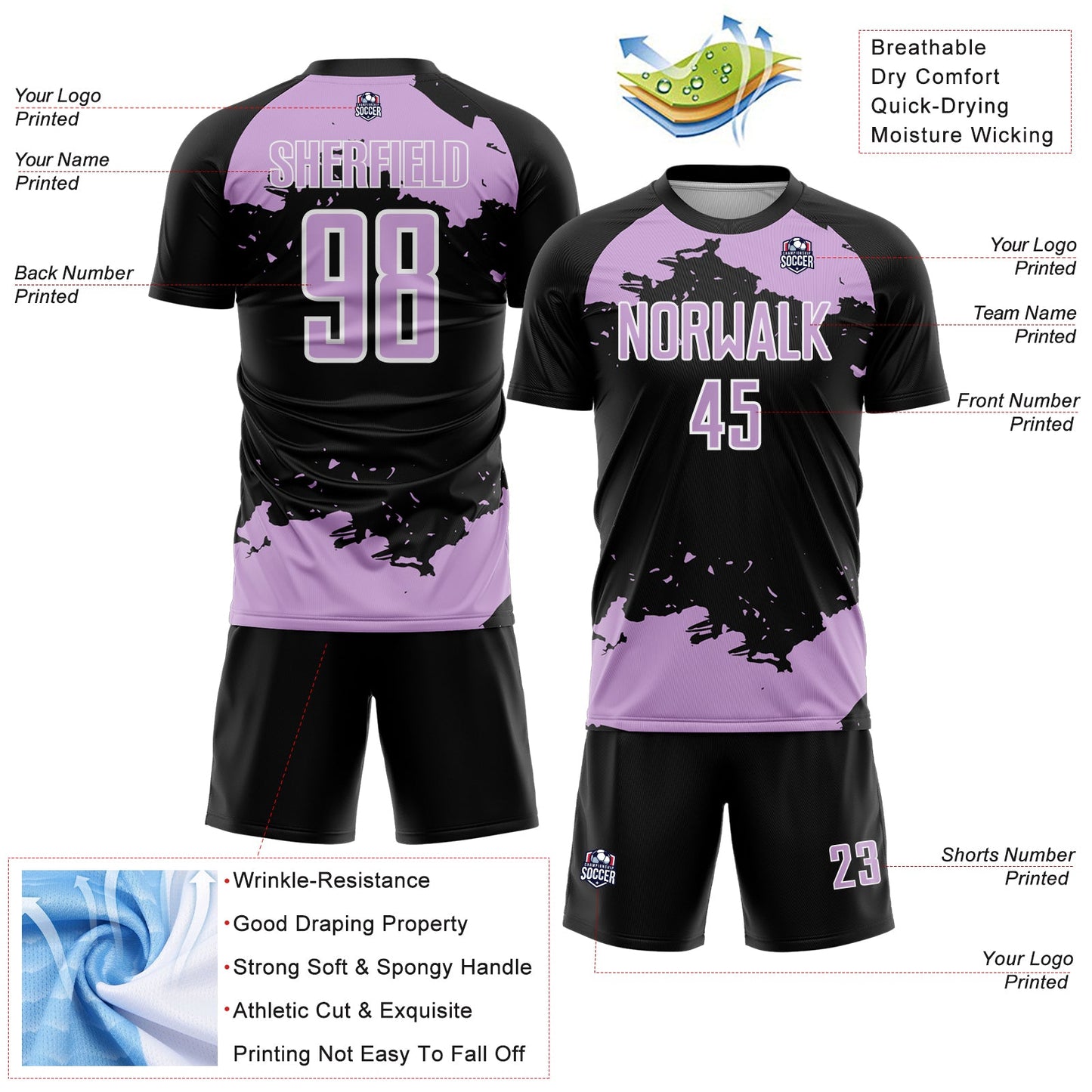 Custom Black Light Purple-White Abstract Fragment Art Sublimation Soccer Uniform Jersey view 4
