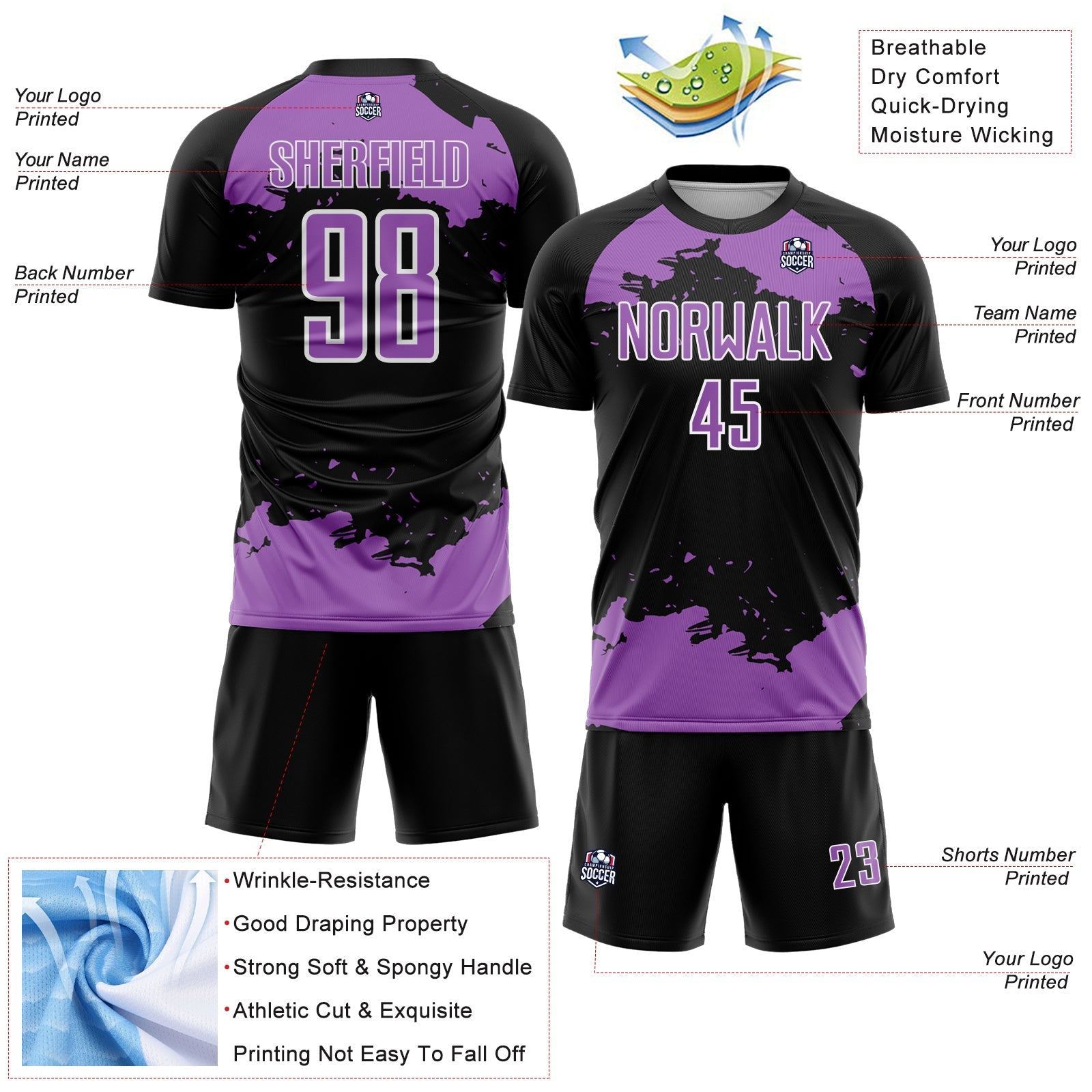 Custom Black Medium Purple-White Abstract Fragment Art Sublimation Soccer Uniform Jersey view 4