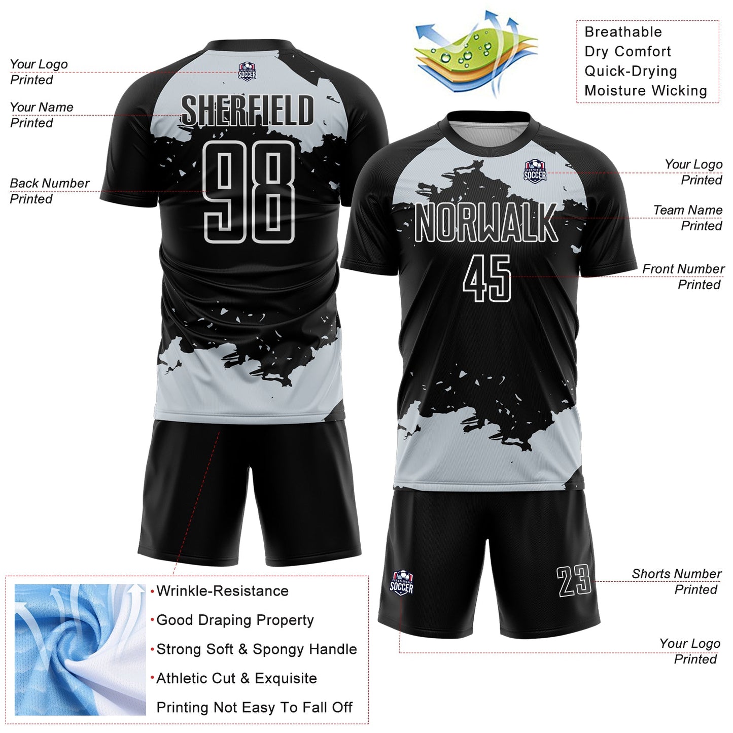 Custom Black Silver-White Abstract Fragment Art Sublimation Soccer Uniform Jersey view 4