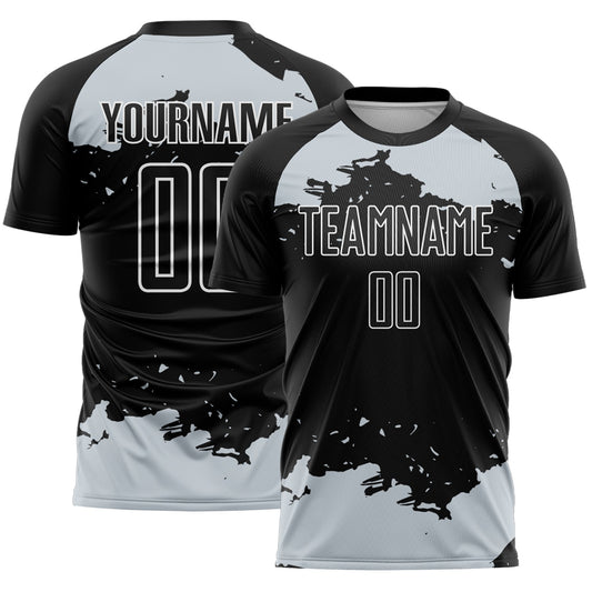 Custom Black Silver-White Abstract Fragment Art Sublimation Soccer Uniform Jersey - Main View