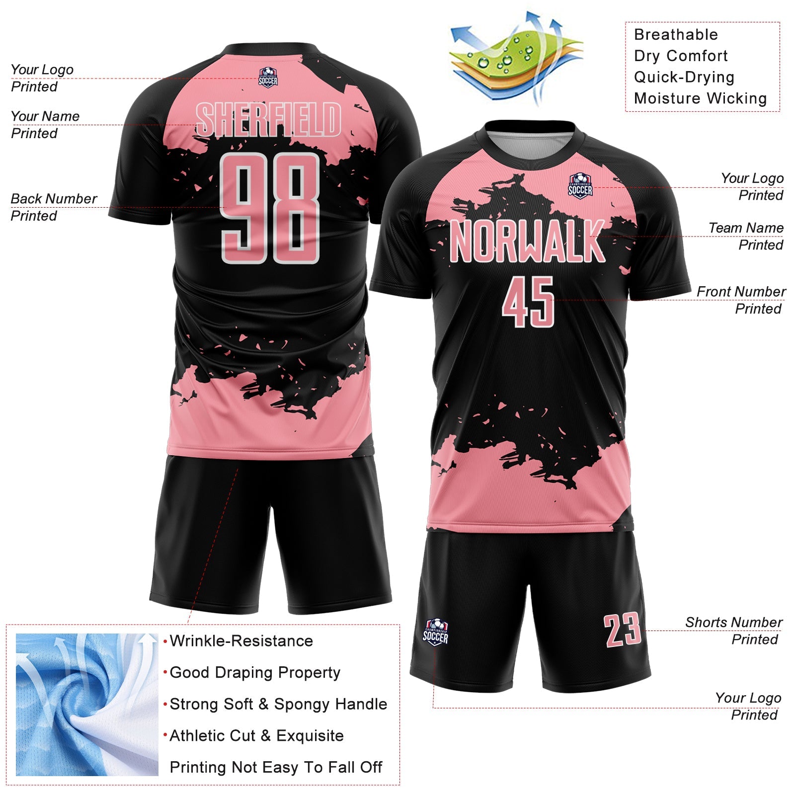 Custom Black Medium Pink-White Abstract Fragment Art Sublimation Soccer Uniform Jersey view 4
