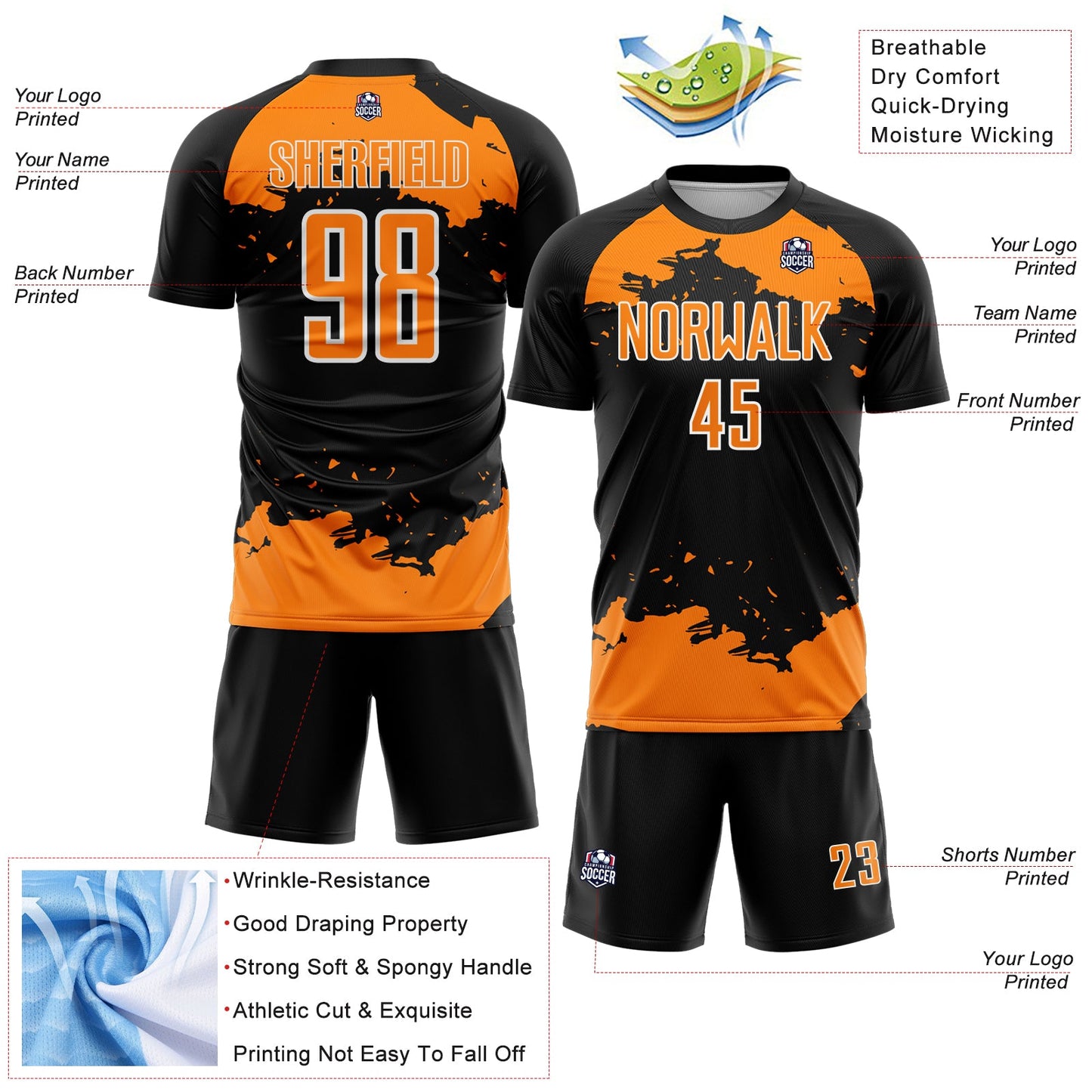 Custom Black Bay Orange-White Abstract Fragment Art Sublimation Soccer Uniform Jersey view 4