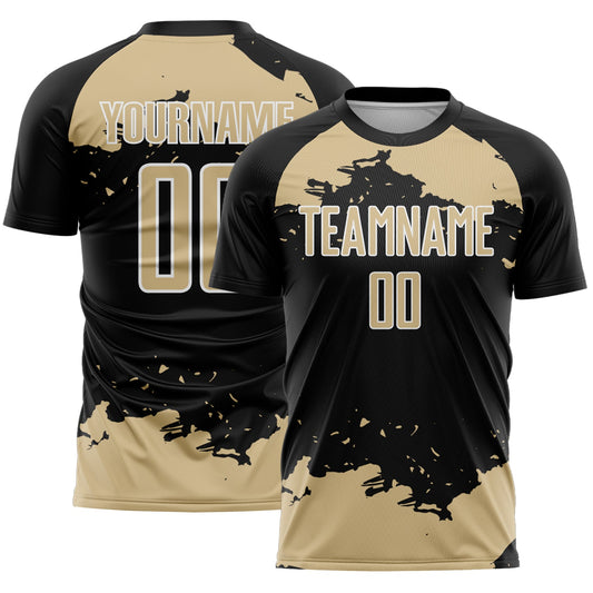 Custom Black Vegas Gold-White Abstract Fragment Art Sublimation Soccer Uniform Jersey - Main View