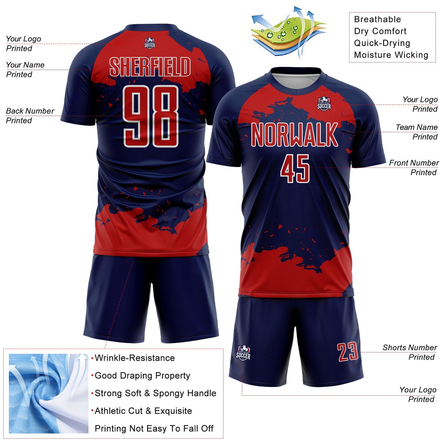 Custom Navy Red-White Abstract Fragment Art Sublimation Soccer Uniform Jersey view 4