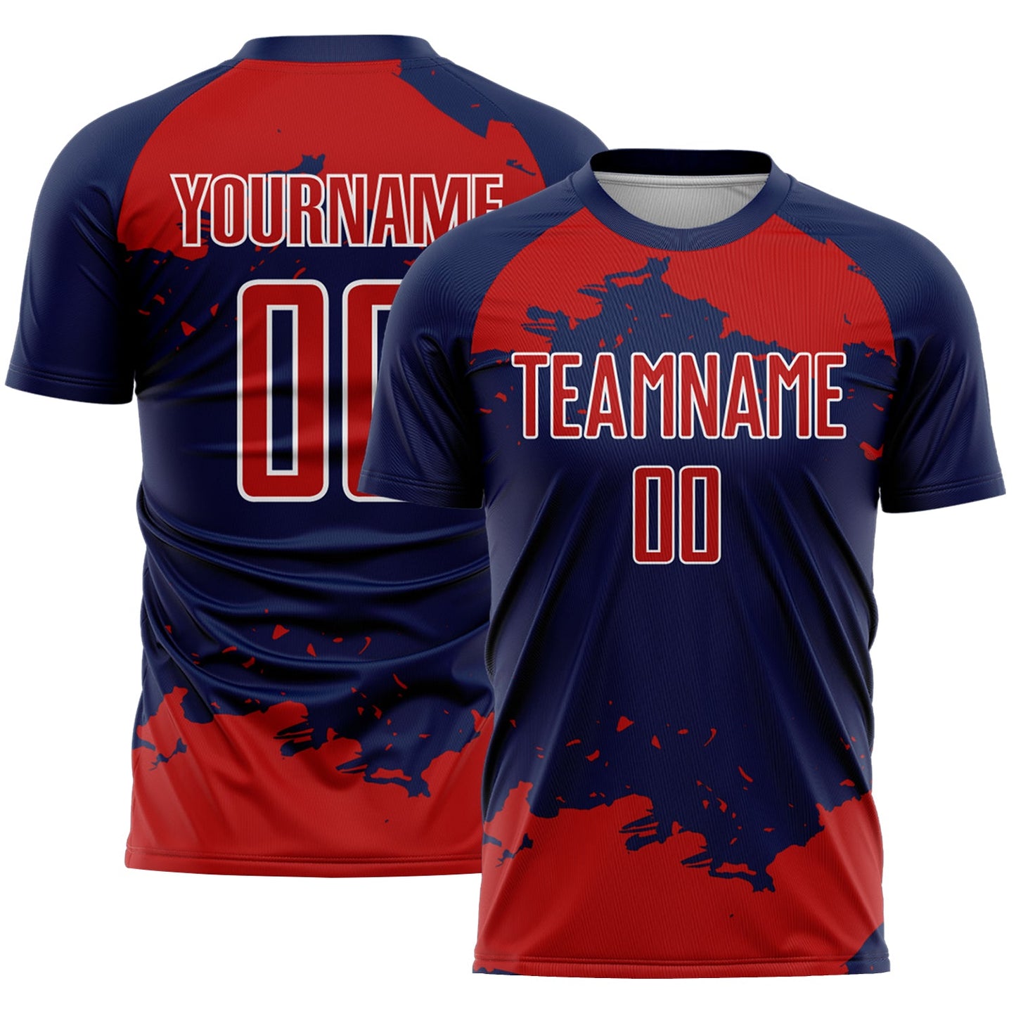 Custom Navy Red-White Abstract Fragment Art Sublimation Soccer Uniform Jersey - Main View