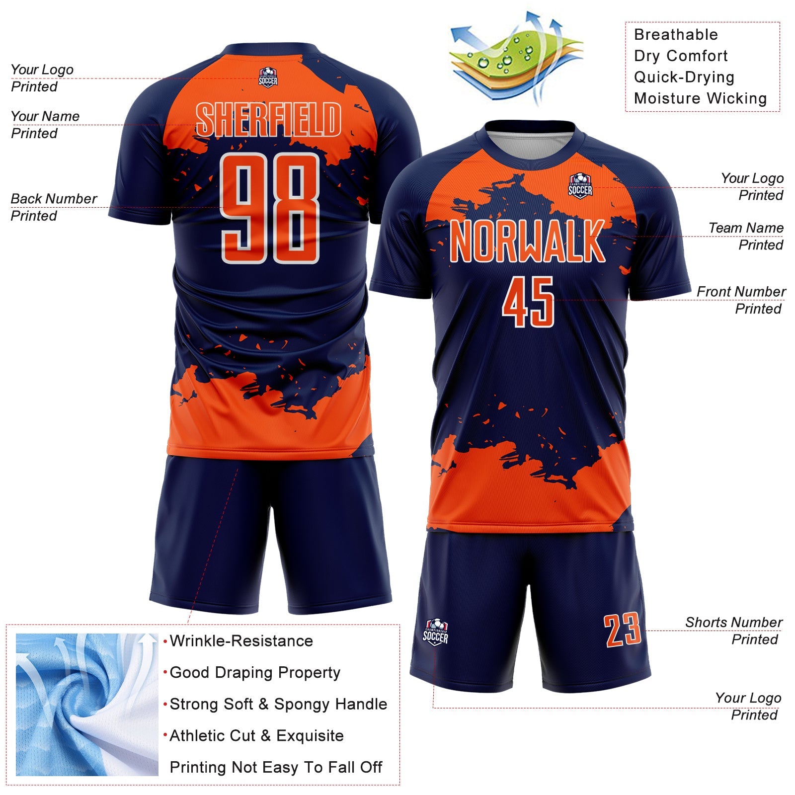 Custom Navy Orange-White Abstract Fragment Art Sublimation Soccer Uniform Jersey view 4