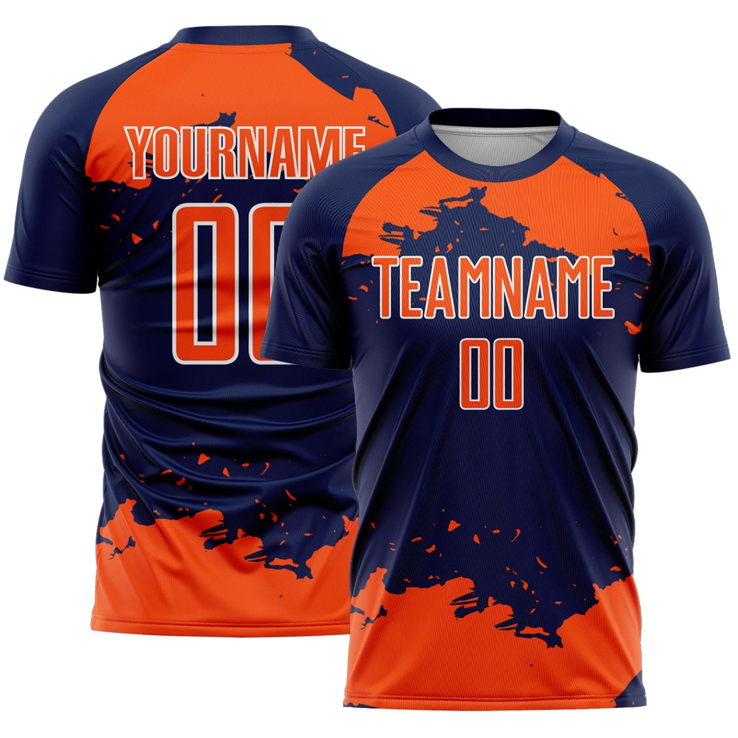 Custom Navy Orange-White Abstract Fragment Art Sublimation Soccer Uniform Jersey - Main View
