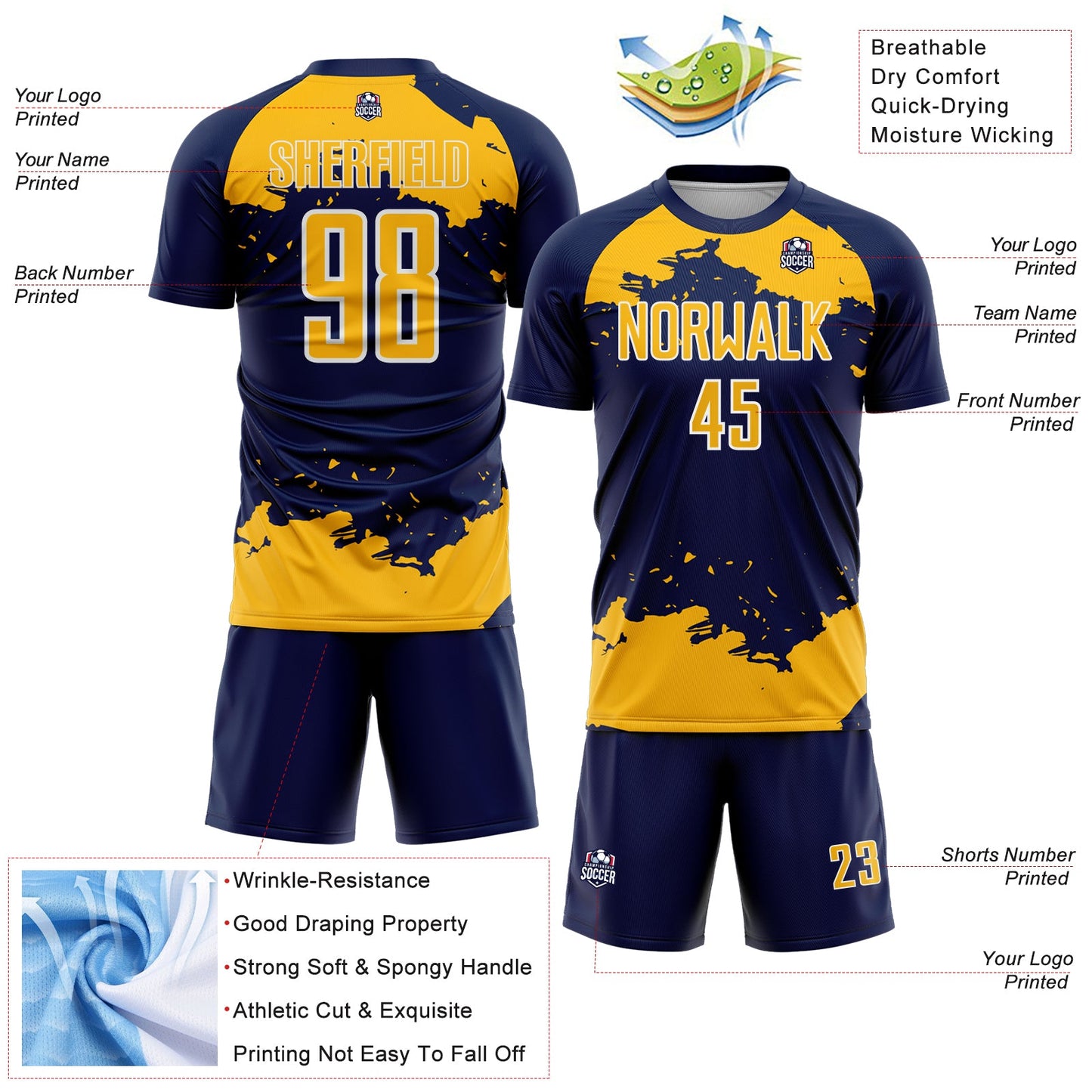 Custom Navy Gold-White Abstract Fragment Art Sublimation Soccer Uniform Jersey view 4