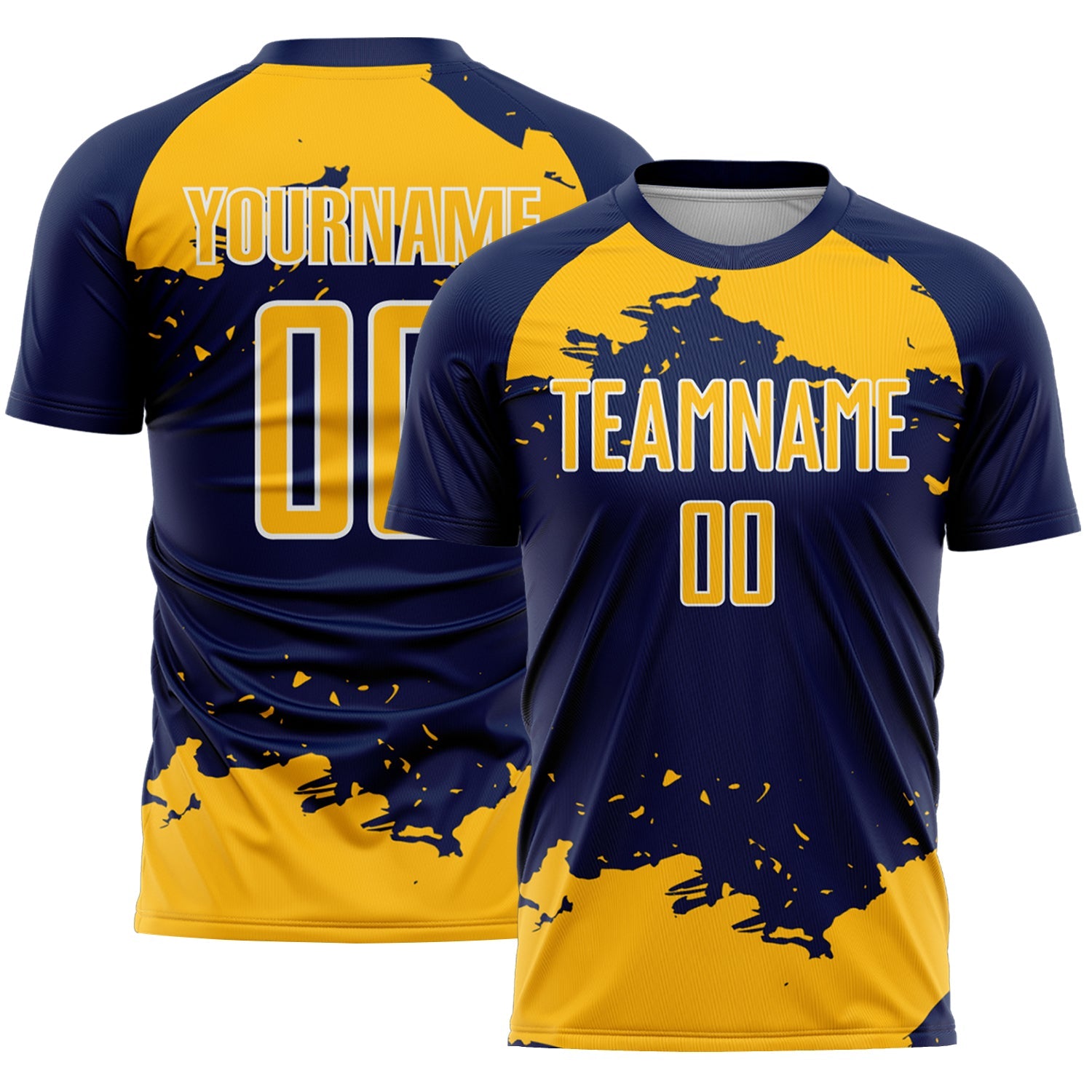 Custom Navy Gold-White Abstract Fragment Art Sublimation Soccer Uniform Jersey - Main View