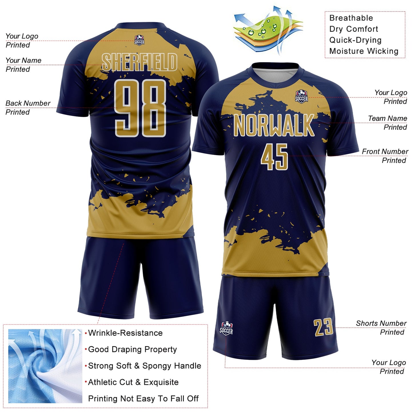 Custom Navy Old Gold-White Abstract Fragment Art Sublimation Soccer Uniform Jersey view 4