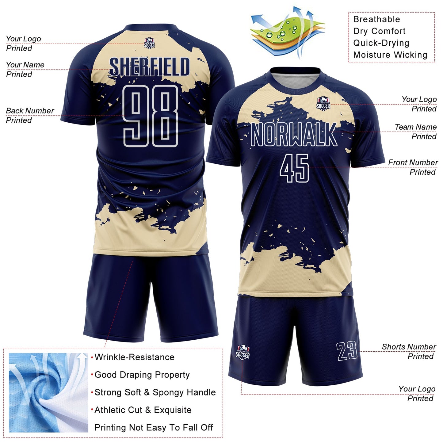 Custom Navy Cream-White Abstract Fragment Art Sublimation Soccer Uniform Jersey view 4