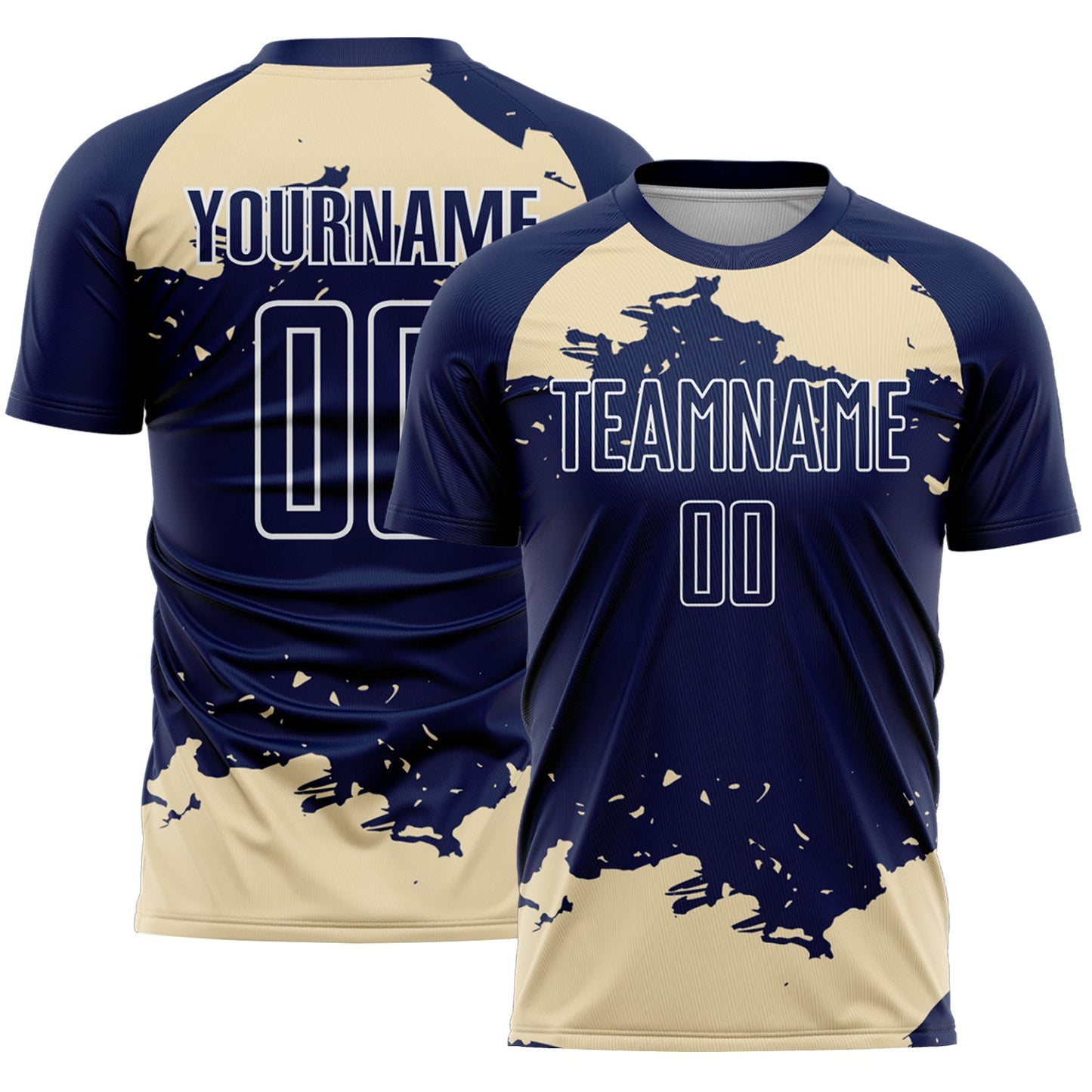 Custom Navy Cream-White Abstract Fragment Art Sublimation Soccer Uniform Jersey - Main View