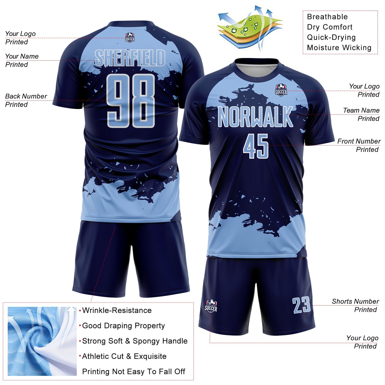 Custom Navy Light Blue-White Abstract Fragment Art Sublimation Soccer Uniform Jersey view 4