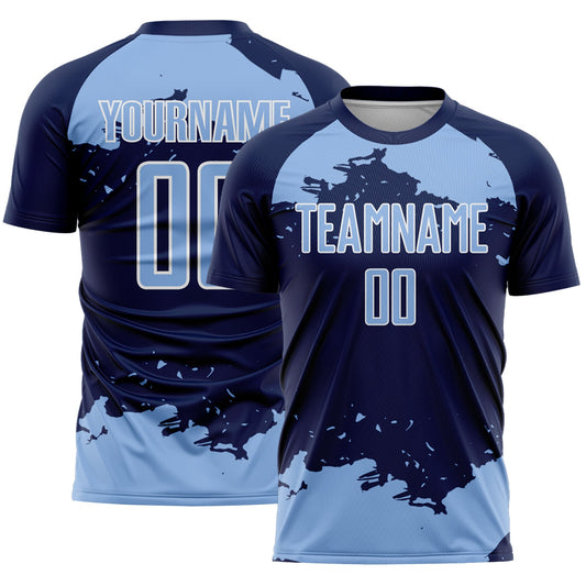 Custom Navy Light Blue-White Abstract Fragment Art Sublimation Soccer Uniform Jersey - Main View