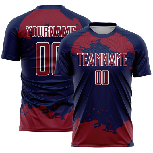 Custom Navy Crimson-White Abstract Fragment Art Sublimation Soccer Uniform Jersey - Main View