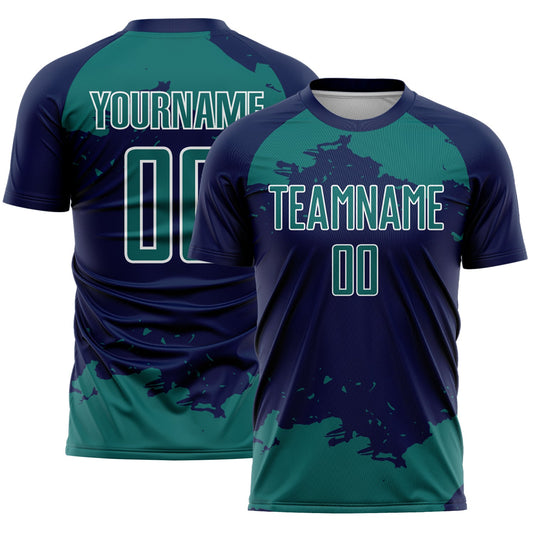 Custom Navy Teal-White Abstract Fragment Art Sublimation Soccer Uniform Jersey - Main View