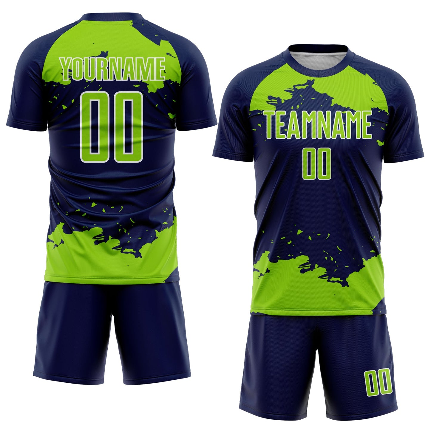 Custom Navy Neon Green-White Abstract Fragment Art Sublimation Soccer Uniform Jersey view 2