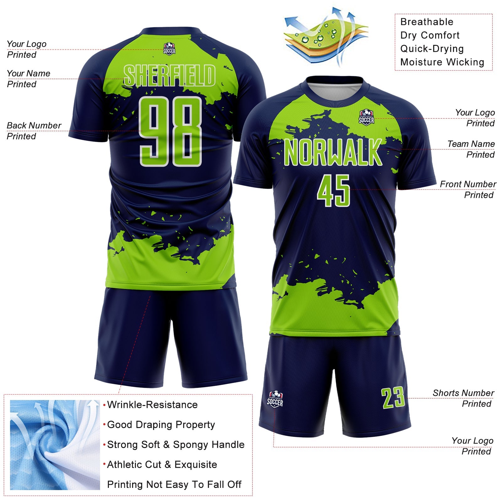 Custom Navy Neon Green-White Abstract Fragment Art Sublimation Soccer Uniform Jersey view 4